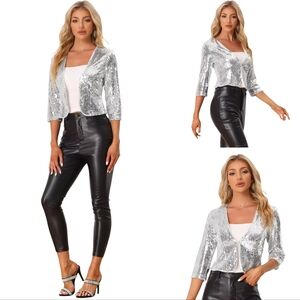 New Women's Silver Sequined Cocktail Bolero Jacket By Allegra K. Size XS